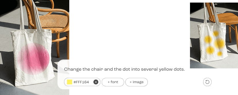 A tote bag with a pink dot, a prompt asking for yellow dots instead, and the edited tote bag