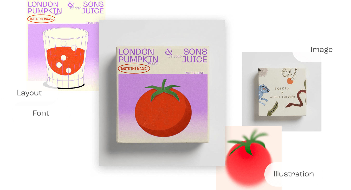 Packaging references tagged with layout, font, image and illustration labels